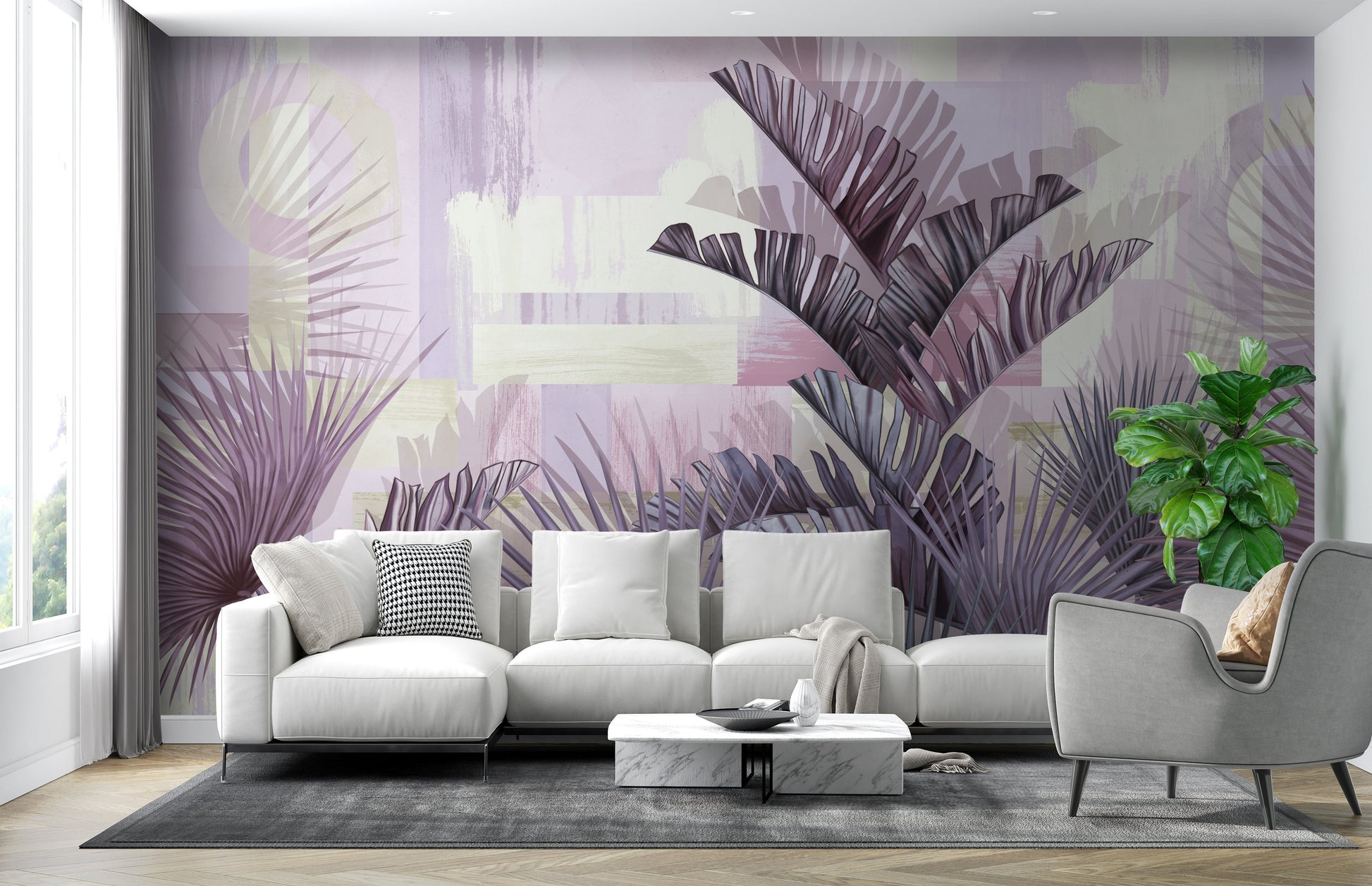 An architectural perspective of a bright, modern creative studio featuring the Tropical Fusion Mural in Pastel Lilac as a full-scale feature wall. The mural’s ethereal purple tones complement minimalist white furniture and natural light, transforming the space into a contemporary tropical oasis.