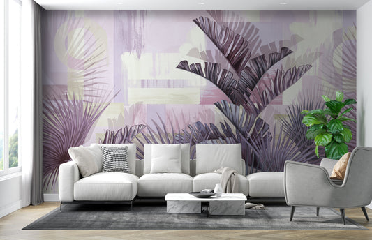 An architectural perspective of a bright, modern creative studio featuring the Tropical Fusion Mural in Pastel Lilac as a full-scale feature wall. The mural’s ethereal purple tones complement minimalist white furniture and natural light, transforming the space into a contemporary tropical oasis.