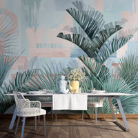 An architectural perspective of a bright, modern dining area featuring the Tropical Fusion Mural as a full-scale feature wall. The mural’s vibrant pastel tones complement minimalist white furniture and natural wood flooring, transforming the space into a contemporary tropical oasis.