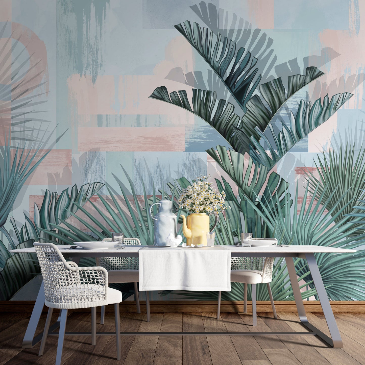 An architectural perspective of a bright, modern dining area featuring the Tropical Fusion Mural as a full-scale feature wall. The mural’s vibrant pastel tones complement minimalist white furniture and natural wood flooring, transforming the space into a contemporary tropical oasis.