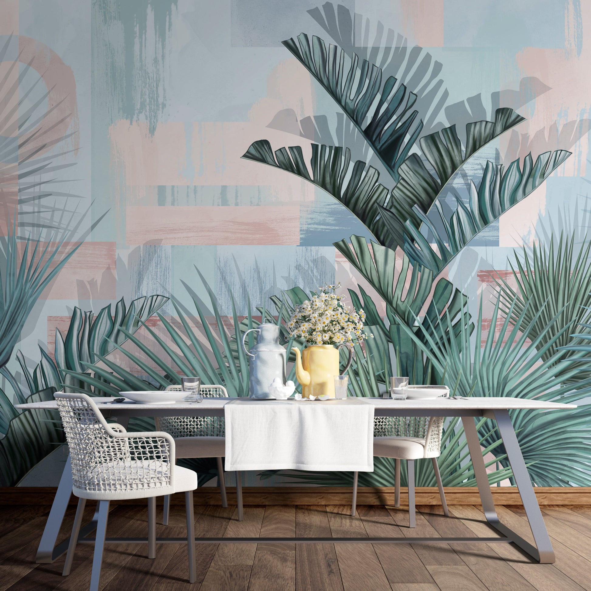 An architectural perspective of a bright, modern dining area featuring the Tropical Fusion Mural as a full-scale feature wall. The mural’s vibrant pastel tones complement minimalist white furniture and natural wood flooring, transforming the space into a contemporary tropical oasis.