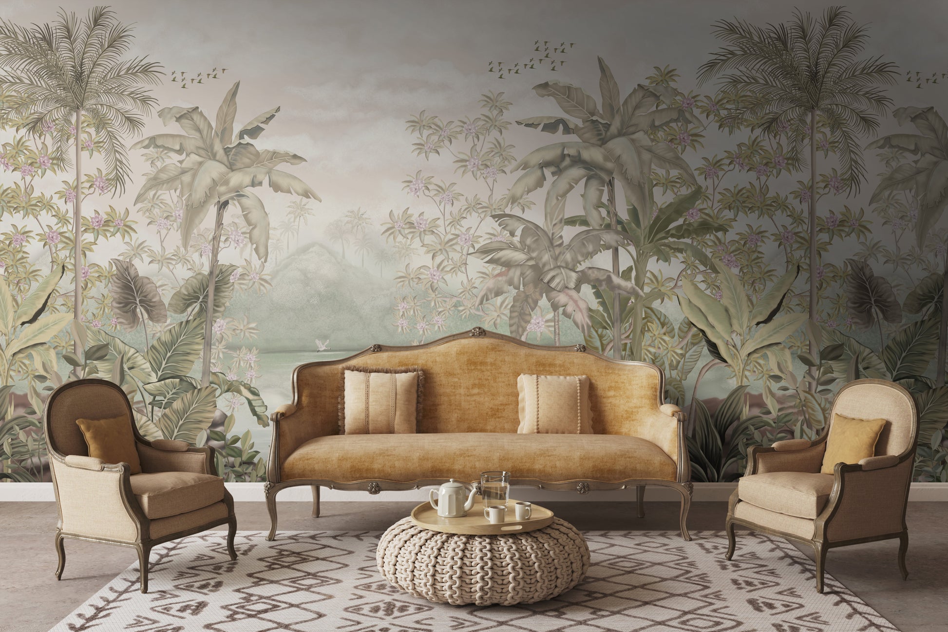 An architectural perspective of a contemporary lounge featuring the Tropical Island Oasis Mural in Artichoke Green as a full-scale feature wall. The mural’s balanced, panoramic composition pairs elegantly with natural rattan furniture and linen textiles, creating a peaceful and cultured interior sanctuary.