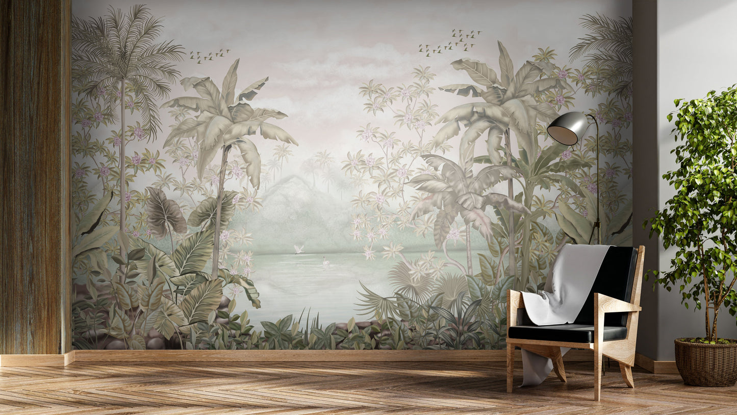 An architectural perspective of a contemporary lounge featuring the Tropical Island Oasis Mural in Artichoke Green as a full-scale feature wall. The mural’s balanced, panoramic composition pairs elegantly with natural rattan furniture and linen textiles, creating a peaceful and cultured interior sanctuary.