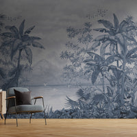 An architectural perspective of a contemporary lounge featuring the Tropical Island Oasis Mural in Azure Blue as a full-scale feature wall. The mural’s balanced, panoramic composition pairs elegantly with light wood furniture and coastal-inspired decor, creating a peaceful and cultured interior sanctuary.