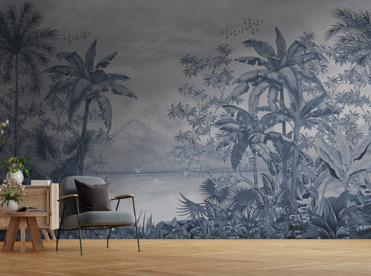 An architectural perspective of a contemporary lounge featuring the Tropical Island Oasis Mural in Azure Blue as a full-scale feature wall. The mural’s balanced, panoramic composition pairs elegantly with light wood furniture and coastal-inspired decor, creating a peaceful and cultured interior sanctuary.