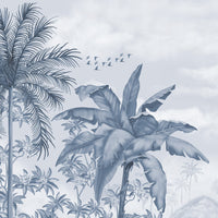 An architectural perspective of a contemporary lounge featuring the Tropical Island Oasis Mural in Azure Blue as a full-scale feature wall. The mural’s balanced, panoramic composition pairs elegantly with light wood furniture and coastal-inspired decor, creating a peaceful and cultured interior sanctuary.