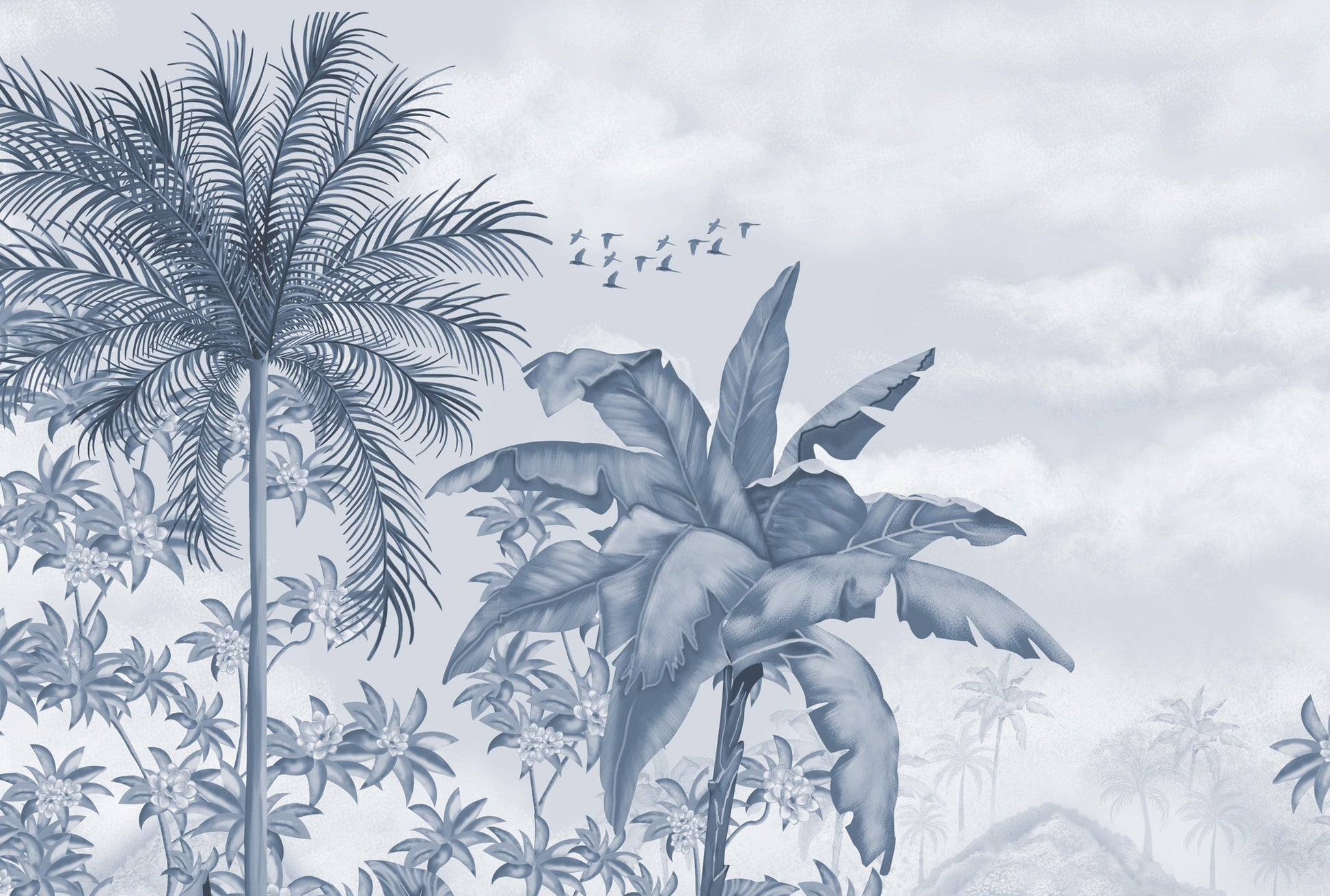 An architectural perspective of a contemporary lounge featuring the Tropical Island Oasis Mural in Azure Blue as a full-scale feature wall. The mural’s balanced, panoramic composition pairs elegantly with light wood furniture and coastal-inspired decor, creating a peaceful and cultured interior sanctuary.