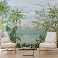 An architectural perspective of a contemporary lounge featuring the Tropical Island Oasis Mural as a full-scale feature wall. The mural’s balanced, panoramic composition pairs elegantly with light wood furniture and a neutral rug, creating a peaceful and cultured interior sanctuary.