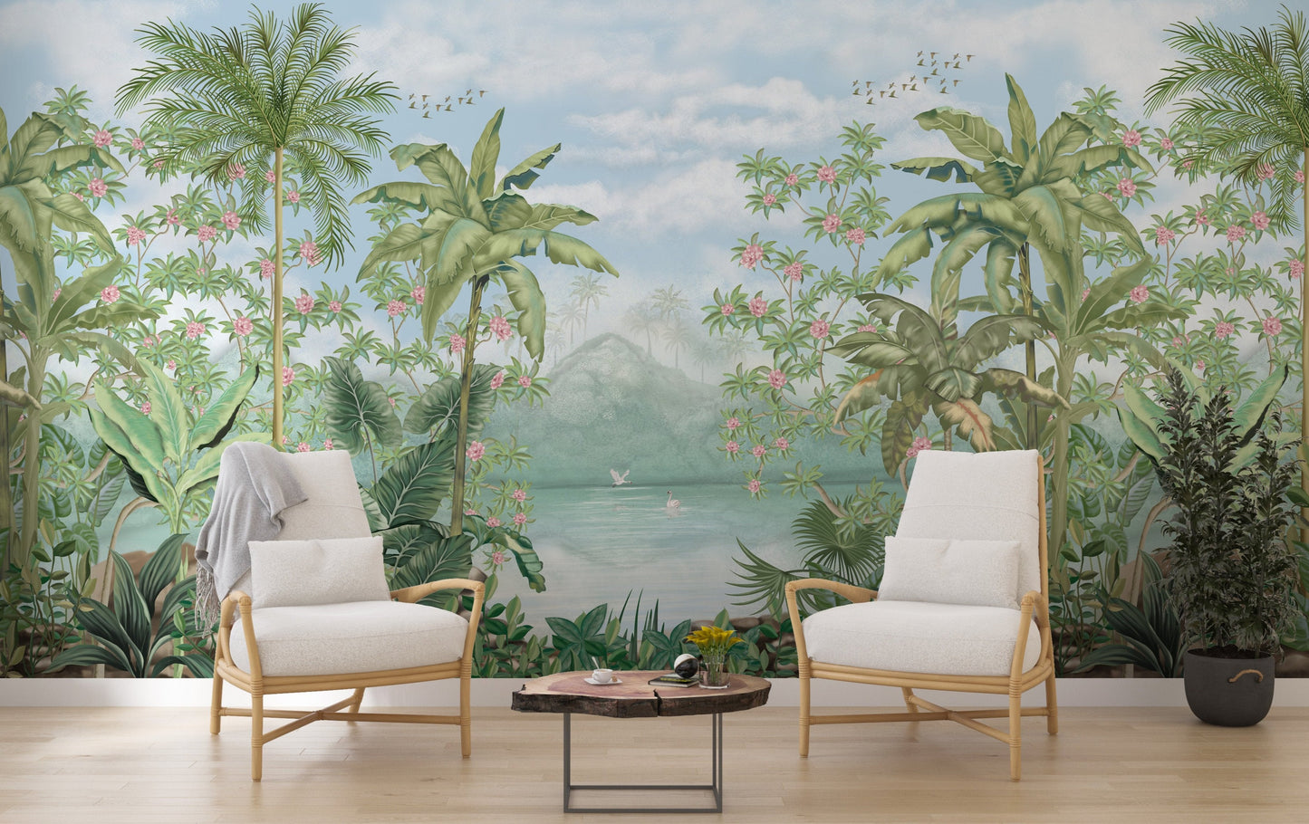 An architectural perspective of a contemporary lounge featuring the Tropical Island Oasis Mural as a full-scale feature wall. The mural’s balanced, panoramic composition pairs elegantly with light wood furniture and a neutral rug, creating a peaceful and cultured interior sanctuary.