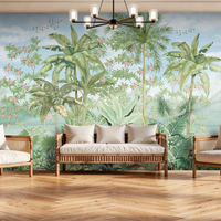 Living room with a tropical mural wall, wooden floor, and furniture. Blue sky mural. Lush green tropical wallpaper with pink flowers.