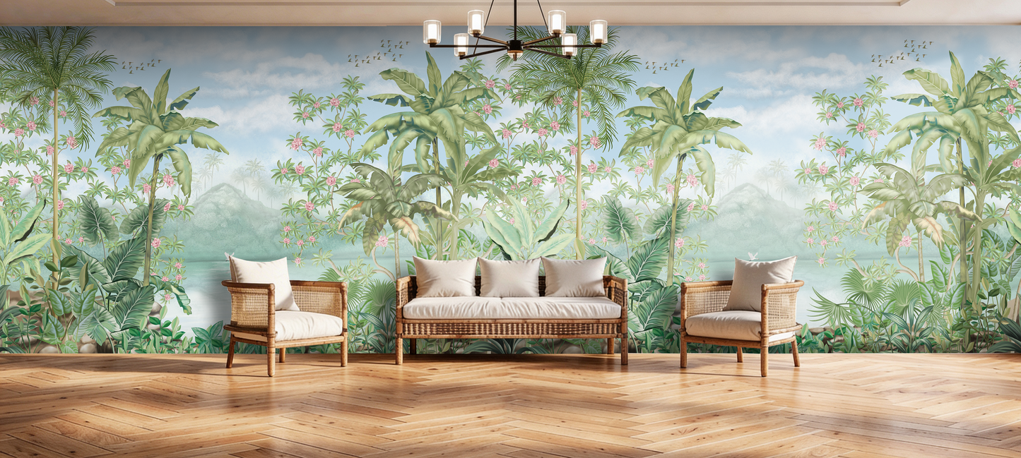 Living room with a tropical mural wall, wooden floor, and furniture. Blue sky mural. Lush green tropical wallpaper with pink flowers.