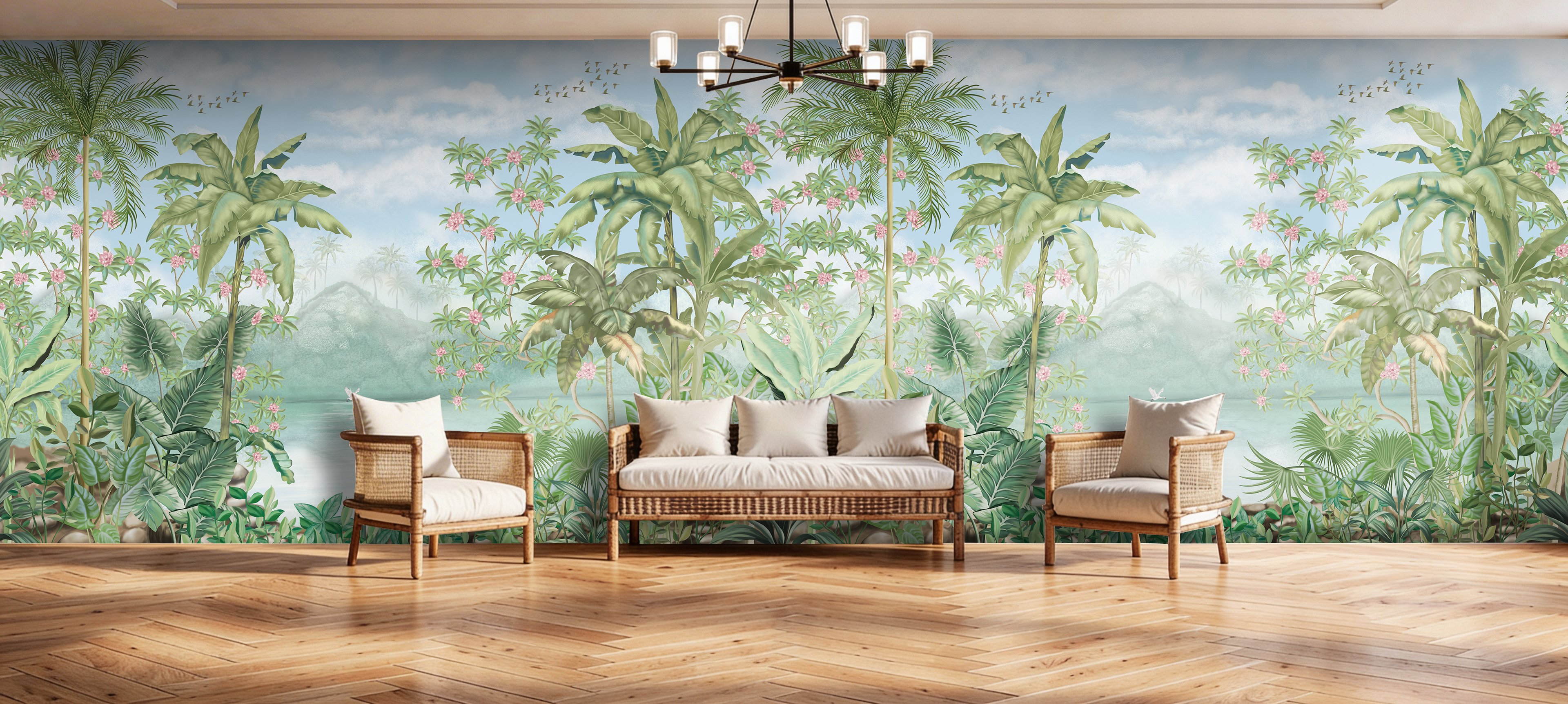 Living room with a tropical mural wall, wooden floor, and furniture. Blue sky mural. Lush green tropical wallpaper with pink flowers.