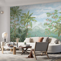 An architectural perspective of a contemporary lounge featuring the Tropical Island Oasis Mural as a full-scale feature wall. The mural’s balanced, panoramic composition pairs elegantly with light wood furniture and a neutral rug, creating a peaceful and cultured interior sanctuary.