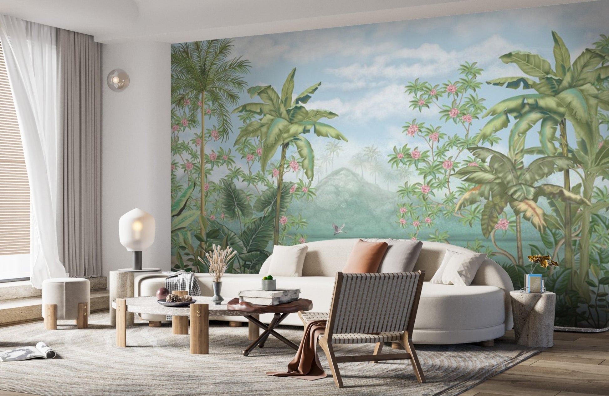 An architectural perspective of a contemporary lounge featuring the Tropical Island Oasis Mural as a full-scale feature wall. The mural’s balanced, panoramic composition pairs elegantly with light wood furniture and a neutral rug, creating a peaceful and cultured interior sanctuary.