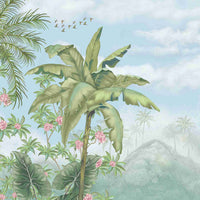 An architectural perspective of a contemporary lounge featuring the Tropical Island Oasis Mural as a full-scale feature wall. The mural’s balanced, panoramic composition pairs elegantly with light wood furniture and a neutral rug, creating a peaceful and cultured interior sanctuary.