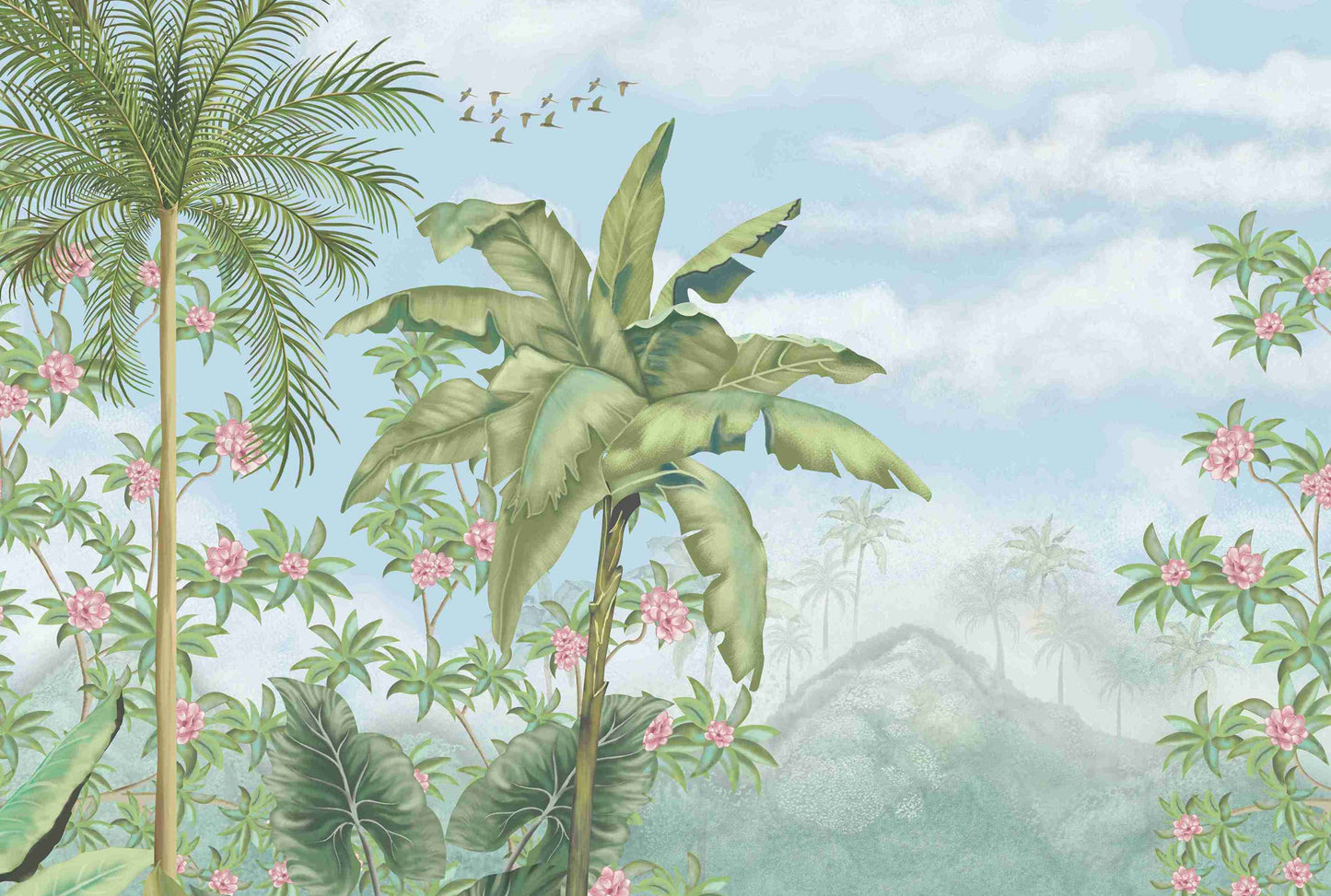 An architectural perspective of a contemporary lounge featuring the Tropical Island Oasis Mural as a full-scale feature wall. The mural’s balanced, panoramic composition pairs elegantly with light wood furniture and a neutral rug, creating a peaceful and cultured interior sanctuary.
