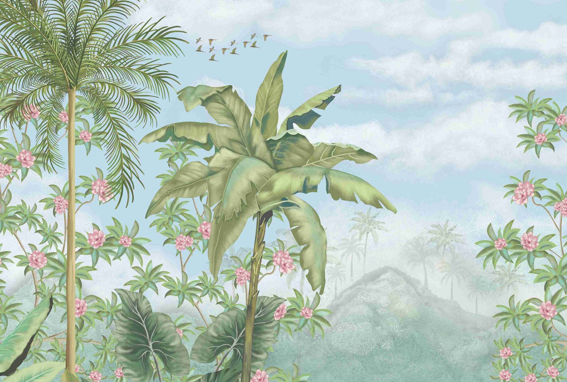 An architectural perspective of a contemporary lounge featuring the Tropical Island Oasis Mural as a full-scale feature wall. The mural’s balanced, panoramic composition pairs elegantly with light wood furniture and a neutral rug, creating a peaceful and cultured interior sanctuary.