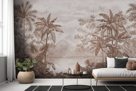 An architectural perspective of a high-end lounge featuring the Tropical Island Oasis Mural in Caramel Brown as a full-scale feature wall. The mural’s balanced, panoramic composition pairs elegantly with leather furniture and dark wood accents, creating a peaceful and cultured interior sanctuary.