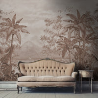 An architectural perspective of a high-end lounge featuring the Tropical Island Oasis Mural in Caramel Brown as a full-scale feature wall. The mural’s balanced, panoramic composition pairs elegantly with leather furniture and dark wood accents, creating a peaceful and cultured interior sanctuary.