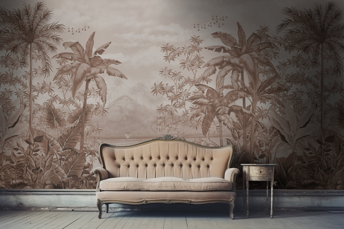 An architectural perspective of a high-end lounge featuring the Tropical Island Oasis Mural in Caramel Brown as a full-scale feature wall. The mural’s balanced, panoramic composition pairs elegantly with leather furniture and dark wood accents, creating a peaceful and cultured interior sanctuary.
