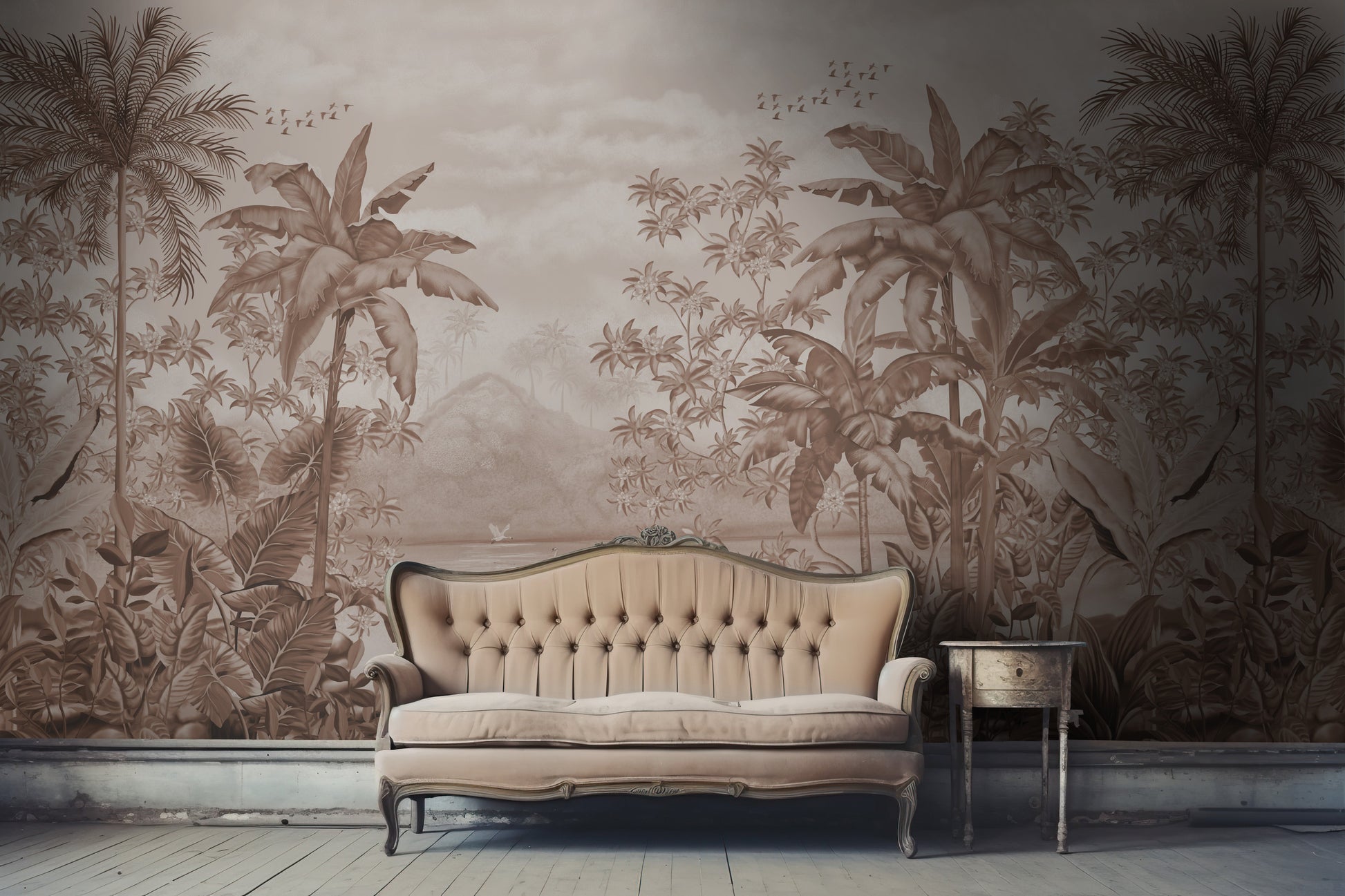 An architectural perspective of a high-end lounge featuring the Tropical Island Oasis Mural in Caramel Brown as a full-scale feature wall. The mural’s balanced, panoramic composition pairs elegantly with leather furniture and dark wood accents, creating a peaceful and cultured interior sanctuary.