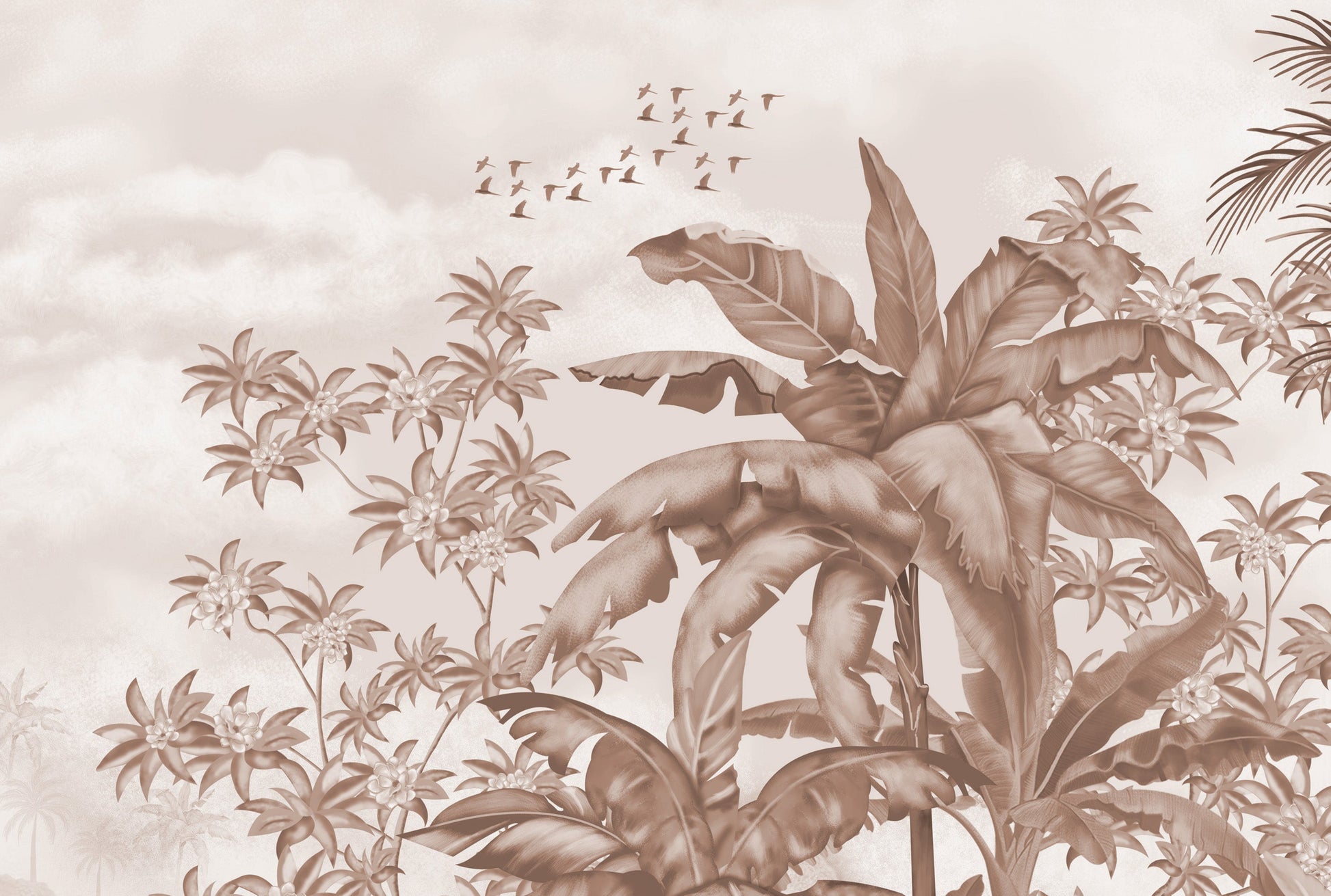 An architectural perspective of a high-end lounge featuring the Tropical Island Oasis Mural in Caramel Brown as a full-scale feature wall. The mural’s balanced, panoramic composition pairs elegantly with leather furniture and dark wood accents, creating a peaceful and cultured interior sanctuary.