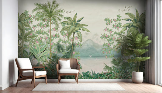 An architectural perspective of a contemporary lounge featuring the Tropical Island Oasis Mural in Minty White as a full-scale feature wall. The mural’s balanced, panoramic composition pairs elegantly with minimalist white furniture and light wood accents, creating a peaceful and cultured interior sanctuary.