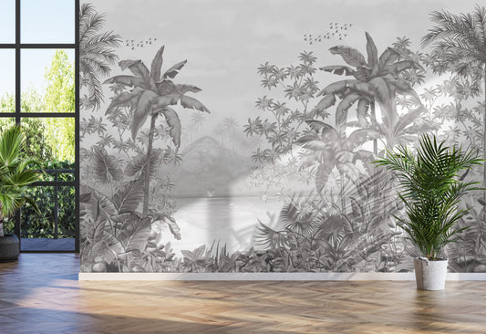 An architectural perspective of a contemporary lounge featuring the Tropical Island Oasis Mural in Pearl Gray as a full-scale feature wall. The mural’s balanced, panoramic composition pairs elegantly with charcoal furniture and metallic accents, creating a peaceful and cultured interior sanctuary.
