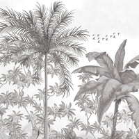 An architectural perspective of a contemporary lounge featuring the Tropical Island Oasis Mural in Pearl Gray as a full-scale feature wall. The mural’s balanced, panoramic composition pairs elegantly with charcoal furniture and metallic accents, creating a peaceful and cultured interior sanctuary.