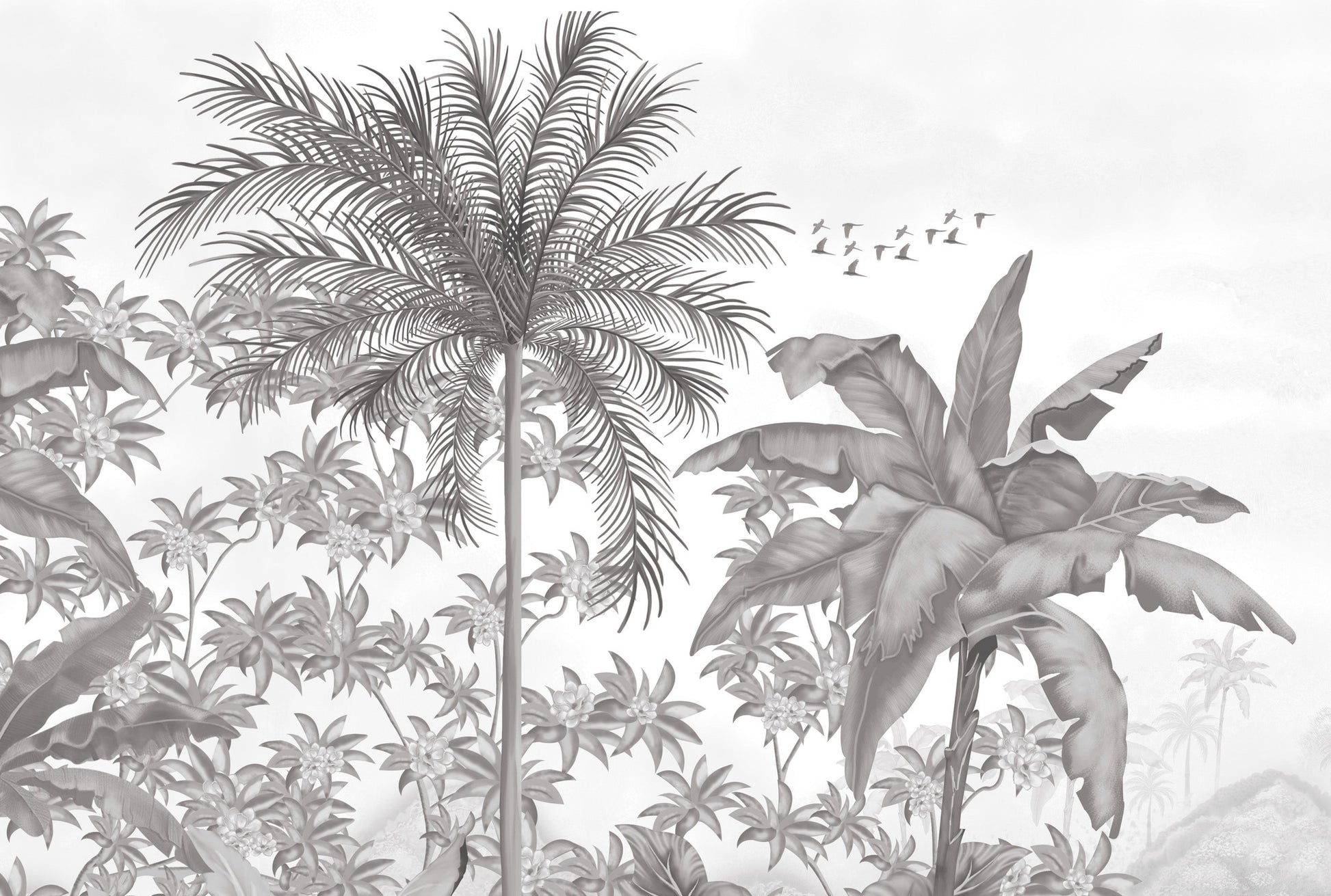 An architectural perspective of a contemporary lounge featuring the Tropical Island Oasis Mural in Pearl Gray as a full-scale feature wall. The mural’s balanced, panoramic composition pairs elegantly with charcoal furniture and metallic accents, creating a peaceful and cultured interior sanctuary.