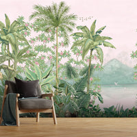 An architectural perspective of a contemporary lounge featuring the Tropical Island Oasis Mural as a full-scale feature wall. The mural’s balanced, panoramic composition pairs elegantly with neutral furniture and warm wood finishes, creating a peaceful and cultured interior sanctuary.