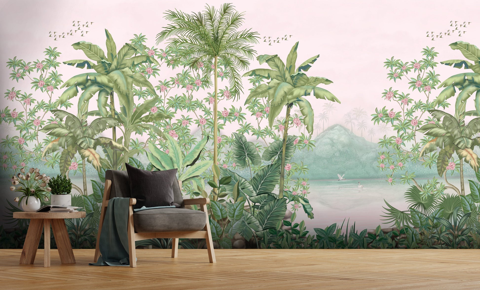 An architectural perspective of a contemporary lounge featuring the Tropical Island Oasis Mural as a full-scale feature wall. The mural’s balanced, panoramic composition pairs elegantly with neutral furniture and warm wood finishes, creating a peaceful and cultured interior sanctuary.