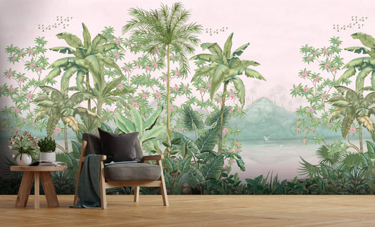 An architectural perspective of a contemporary lounge featuring the Tropical Island Oasis Mural as a full-scale feature wall. The mural’s balanced, panoramic composition pairs elegantly with neutral furniture and warm wood finishes, creating a peaceful and cultured interior sanctuary.