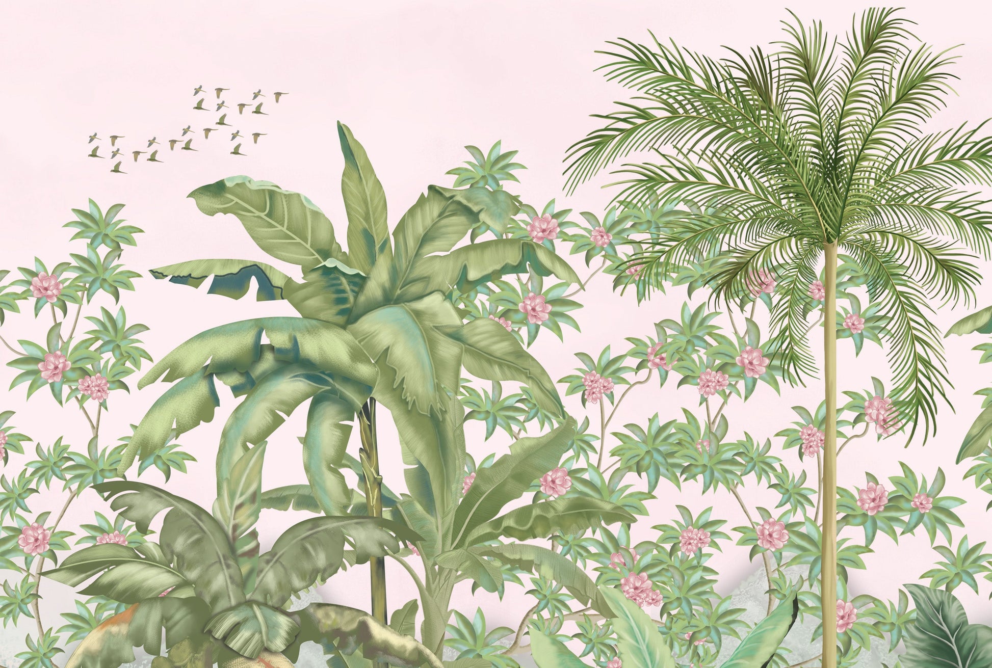 An architectural perspective of a contemporary lounge featuring the Tropical Island Oasis Mural as a full-scale feature wall. The mural’s balanced, panoramic composition pairs elegantly with neutral furniture and warm wood finishes, creating a peaceful and cultured interior sanctuary.