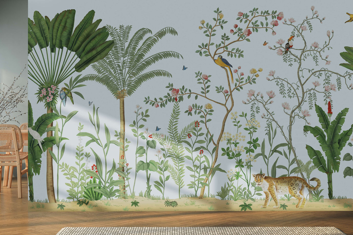 An architectural perspective of a sophisticated hallway featuring the Tropical Jungle Haven Mural as a full-scale feature wall. The mural’s detailed wildlife narrative pairs elegantly with light wood furniture and natural sunlight, creating a grand and cultured interior sanctuary.