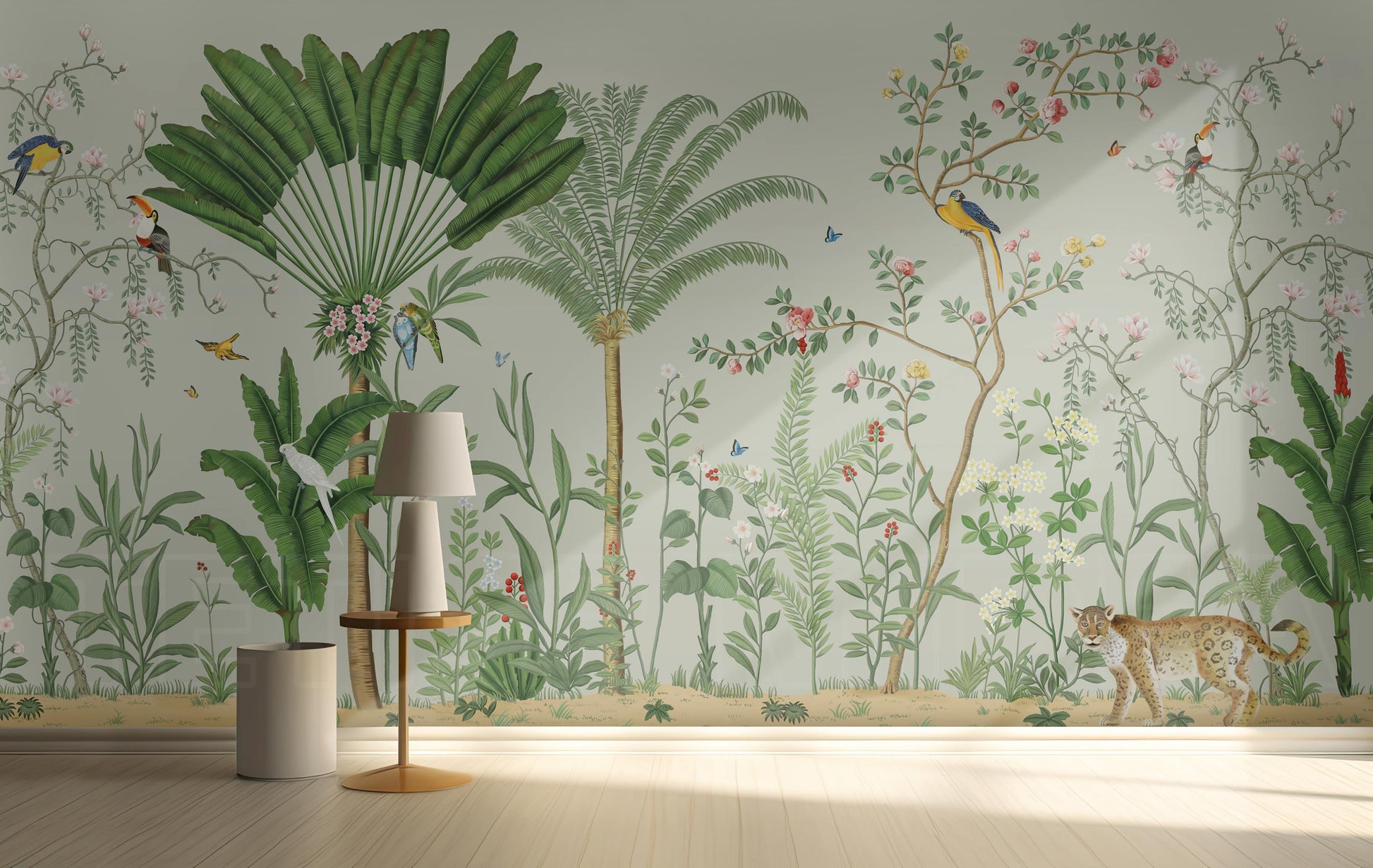 An architectural perspective of a sophisticated master suite featuring the Tropical Jungle Haven Mural in Lichen Green as a full-scale feature wall. The mural’s detailed wildlife narrative pairs elegantly with light-toned oak furniture and neutral linens, creating a peaceful and cultured interior sanctuary.