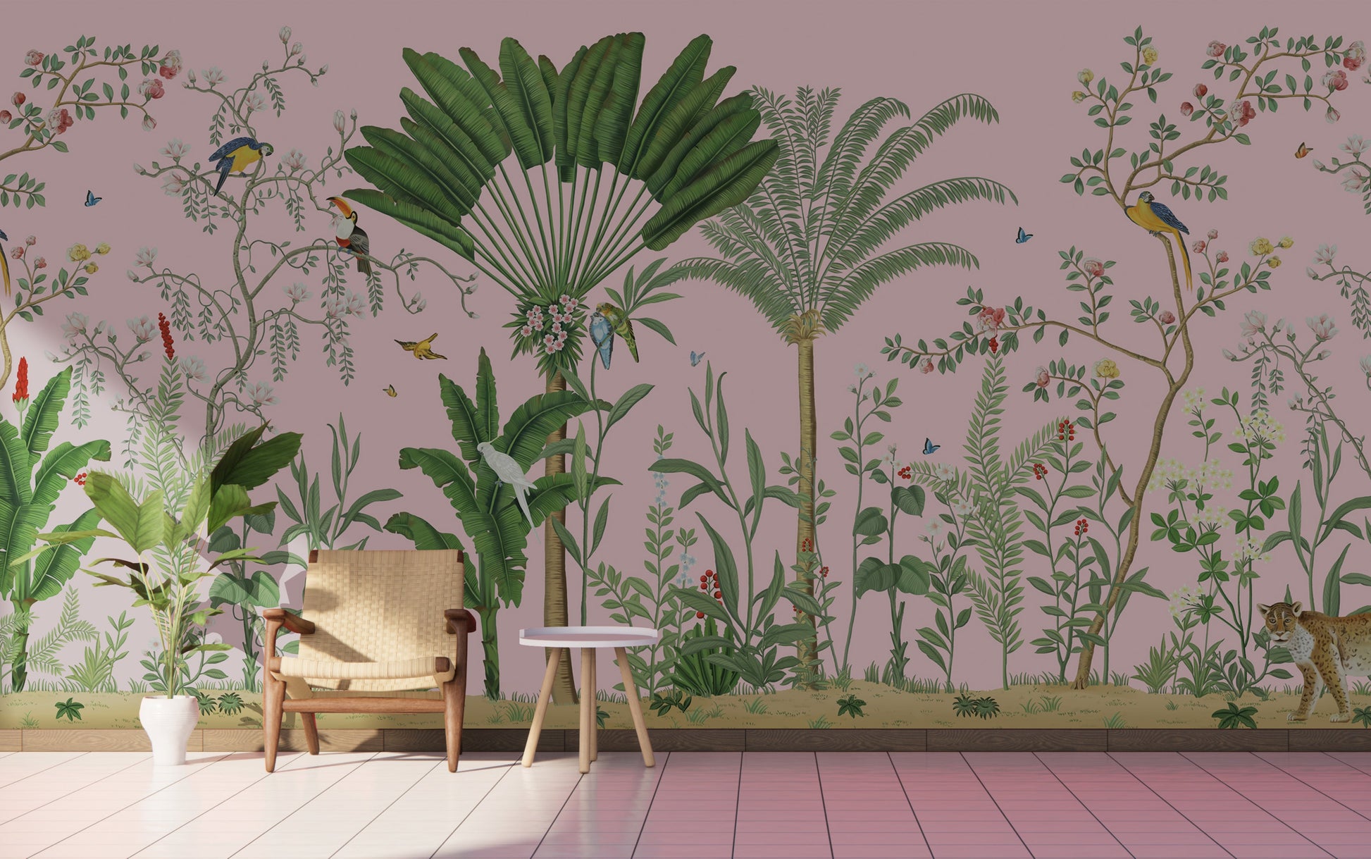 An architectural perspective of a sophisticated master suite featuring the Tropical Jungle Haven Mural in Mauve Pink as a full-scale feature wall. The mural’s detailed wildlife narrative pairs elegantly with velvet textiles and brass accents, creating a grand and cultured interior sanctuary.