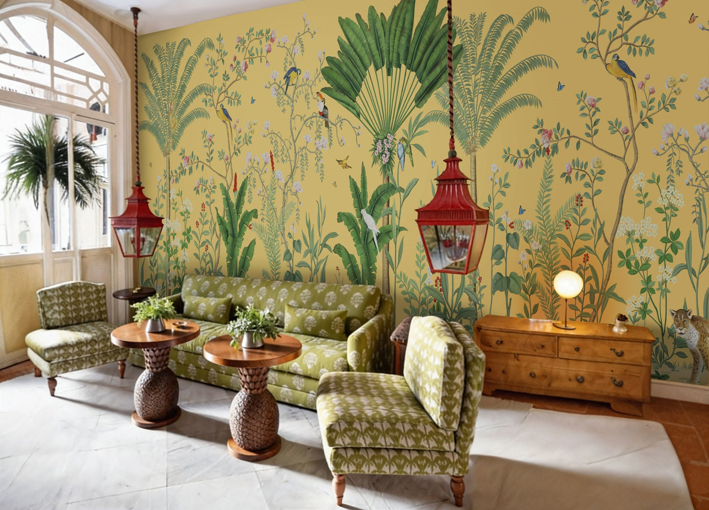 An architectural perspective of a sophisticated lounge featuring the Tropical Jungle Haven Mural in Mellow Yellow as a full-scale feature wall. The mural’s detailed wildlife narrative pairs elegantly with warm wood furniture and natural sunlight, creating a grand and cultured interior sanctuary.