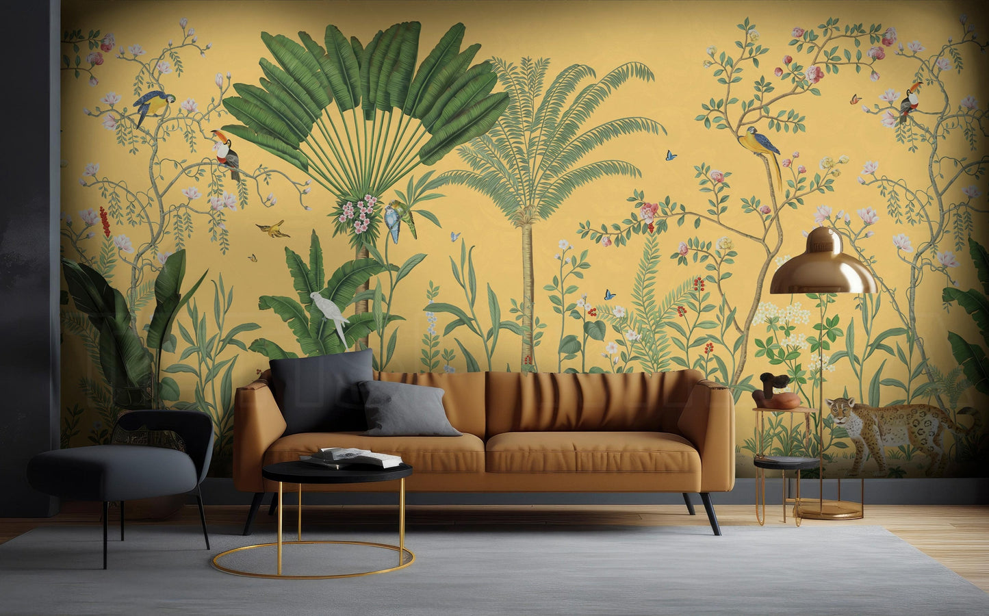 An architectural perspective of a sophisticated lounge featuring the Tropical Jungle Haven Mural in Mellow Yellow as a full-scale feature wall. The mural’s detailed wildlife narrative pairs elegantly with warm wood furniture and natural sunlight, creating a grand and cultured interior sanctuary.