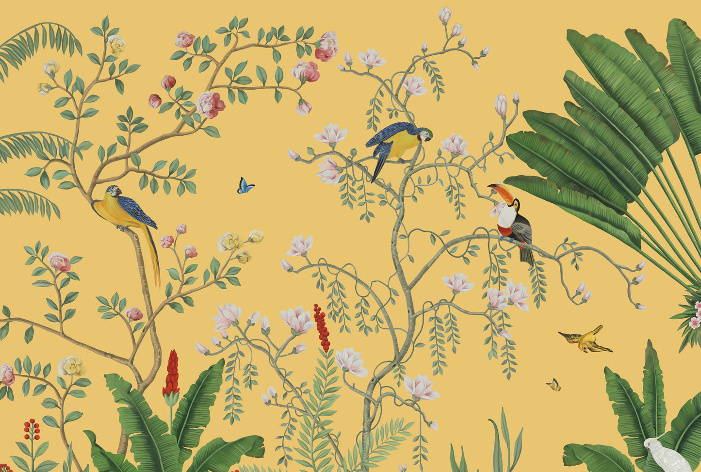An architectural perspective of a sophisticated lounge featuring the Tropical Jungle Haven Mural in Mellow Yellow as a full-scale feature wall. The mural’s detailed wildlife narrative pairs elegantly with warm wood furniture and natural sunlight, creating a grand and cultured interior sanctuary.