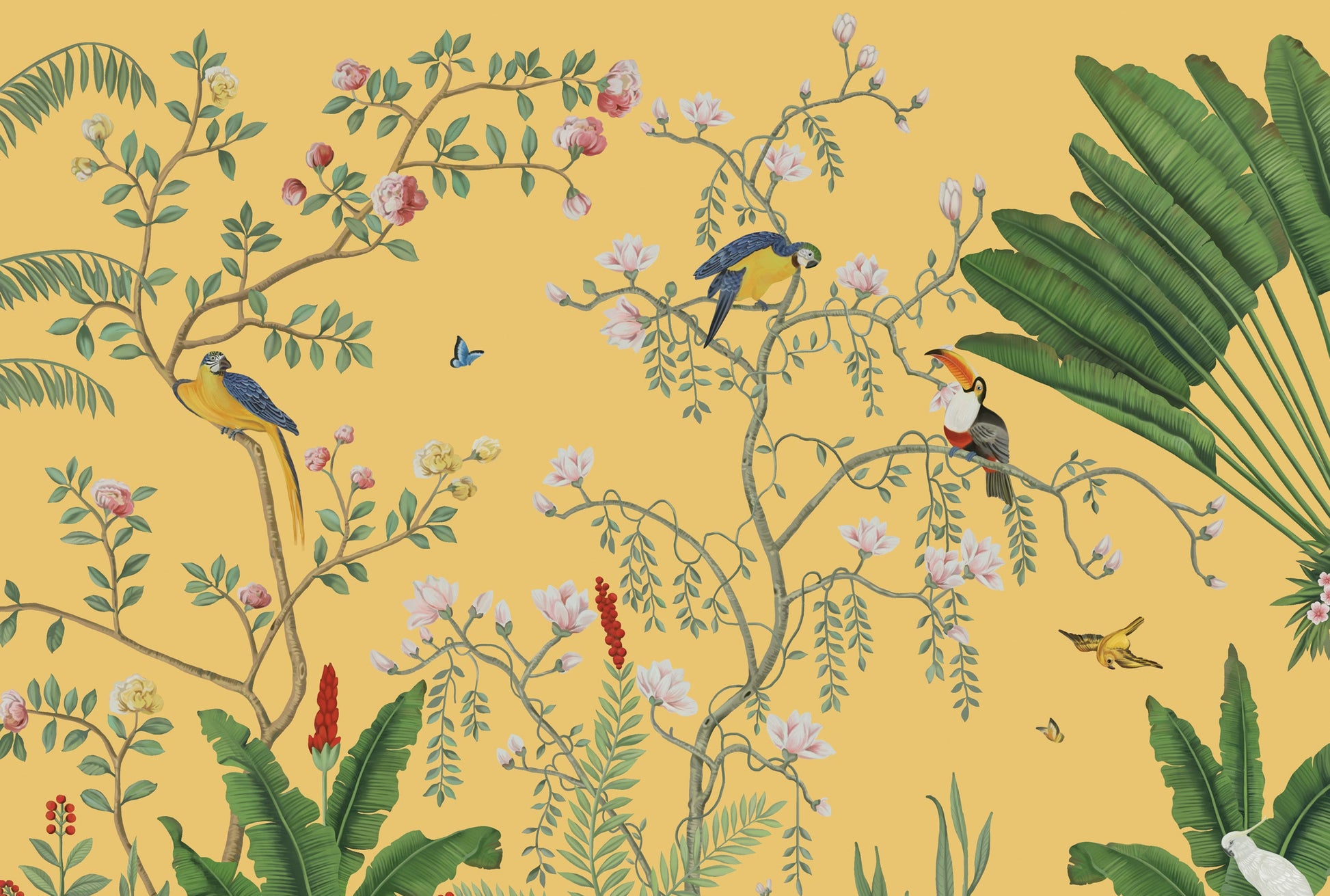 An architectural perspective of a sophisticated lounge featuring the Tropical Jungle Haven Mural in Mellow Yellow as a full-scale feature wall. The mural’s detailed wildlife narrative pairs elegantly with warm wood furniture and natural sunlight, creating a grand and cultured interior sanctuary.