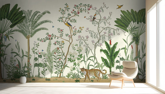 An architectural perspective of a sophisticated lounge featuring the Tropical Jungle Haven Mural in Sandy Beige as a full-scale feature wall. The mural’s detailed wildlife narrative pairs elegantly with warm wood tones and gold accents, creating a grand and sun-drenched interior sanctuary.