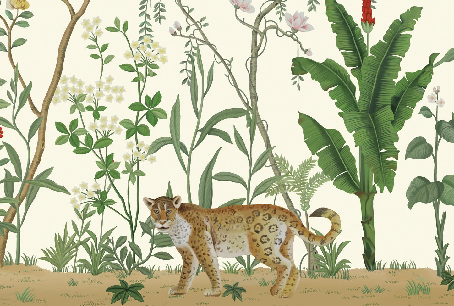 An architectural perspective of a sophisticated lounge featuring the Tropical Jungle Haven Mural in Sandy Beige as a full-scale feature wall. The mural’s detailed wildlife narrative pairs elegantly with warm wood tones and gold accents, creating a grand and sun-drenched interior sanctuary.