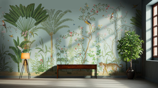 An architectural perspective of a sophisticated hallway featuring the Tropical Jungle Haven Mural as a full-scale feature wall. The mural’s detailed wildlife narrative pairs elegantly with dark wood furniture and natural sunlight, creating a grand and cultured interior sanctuary.