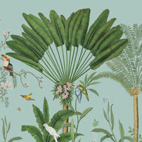 An architectural perspective of a sophisticated hallway featuring the Tropical Jungle Haven Mural as a full-scale feature wall. The mural’s detailed wildlife narrative pairs elegantly with dark wood furniture and natural sunlight, creating a grand and cultured interior sanctuary.