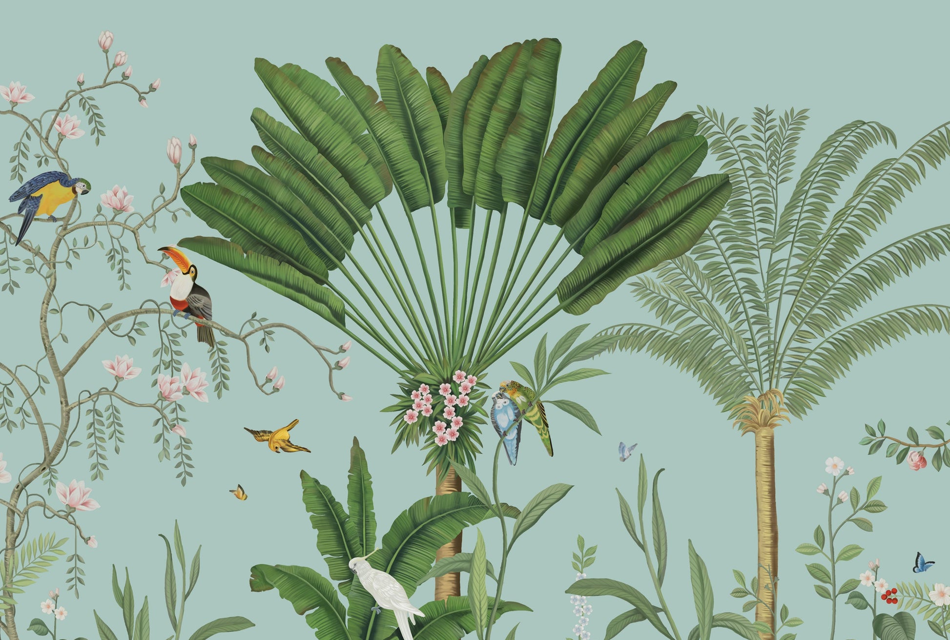 An architectural perspective of a sophisticated hallway featuring the Tropical Jungle Haven Mural as a full-scale feature wall. The mural’s detailed wildlife narrative pairs elegantly with dark wood furniture and natural sunlight, creating a grand and cultured interior sanctuary.