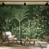 An architectural perspective of a grand dining room featuring the Tropical Jungle Haven Mural in Woodland Green as a full-scale feature wall. The mural’s detailed wildlife narrative pairs elegantly with dark mahogany furniture and brass accents, creating a regal and cultured interior sanctuary.