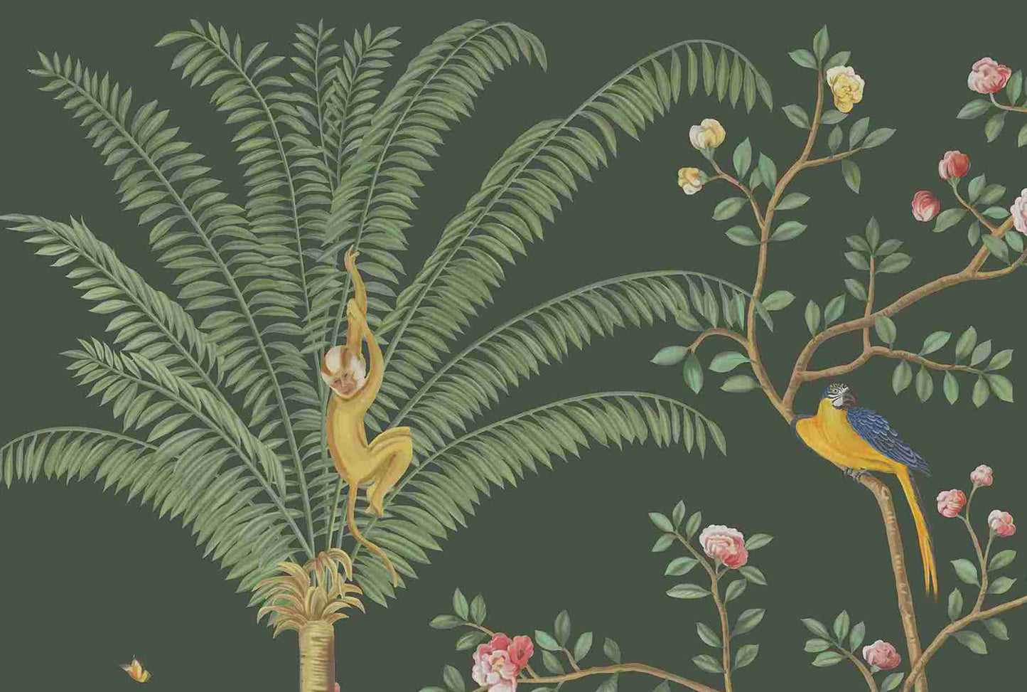 An architectural perspective of a grand dining room featuring the Tropical Jungle Haven Mural in Woodland Green as a full-scale feature wall. The mural’s detailed wildlife narrative pairs elegantly with dark mahogany furniture and brass accents, creating a regal and cultured interior sanctuary.