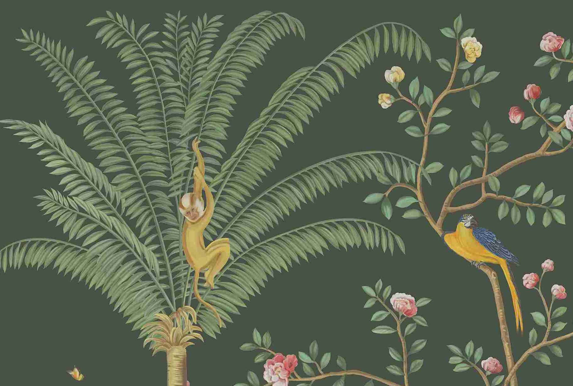 An architectural perspective of a grand dining room featuring the Tropical Jungle Haven Mural in Woodland Green as a full-scale feature wall. The mural’s detailed wildlife narrative pairs elegantly with dark mahogany furniture and brass accents, creating a regal and cultured interior sanctuary.