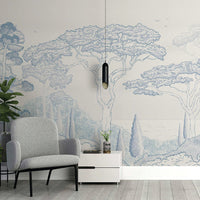 An architectural perspective of a contemporary reading nook featuring the Tropical Landscape Mural as a full-scale feature wall. The mural’s light, airy design pairs elegantly with a grey mid-century modern armchair and light-toned flooring, creating a peaceful and cultured interior.
